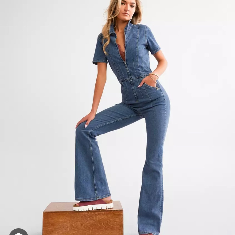 Free People Blue Flare Denim Jumpsuit Jayde Jean Romper Free People